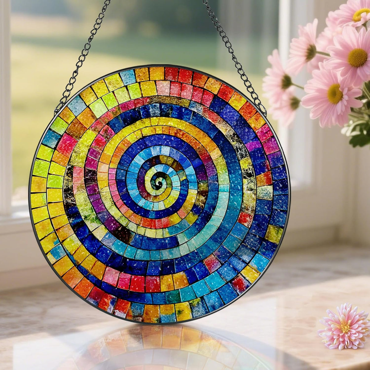 Stained Glass Window Hanging, Pauyadu 8 Inch Rainbow Spiral Stained Glass Suncatcher, Suncatchers