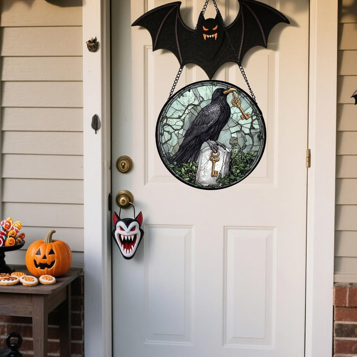 Stained Glass Window Hanging - Halloween Crow Holding A Key Suncatcher for Doors Garden Home Spooky