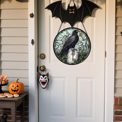 Stained Glass Window Hanging - Halloween Crow Holding A Key Suncatcher for Doors Garden Home Spooky