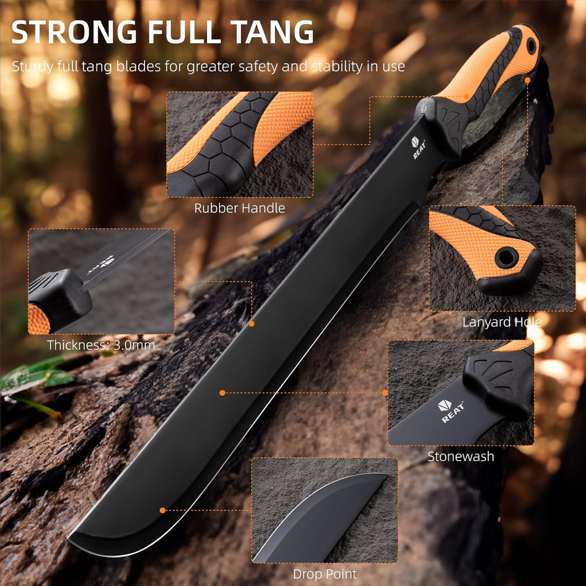 REAT Gardening Heavy Duty Machete,24" Full Tang Machete with Shaeth,Ergonomic No-Slip