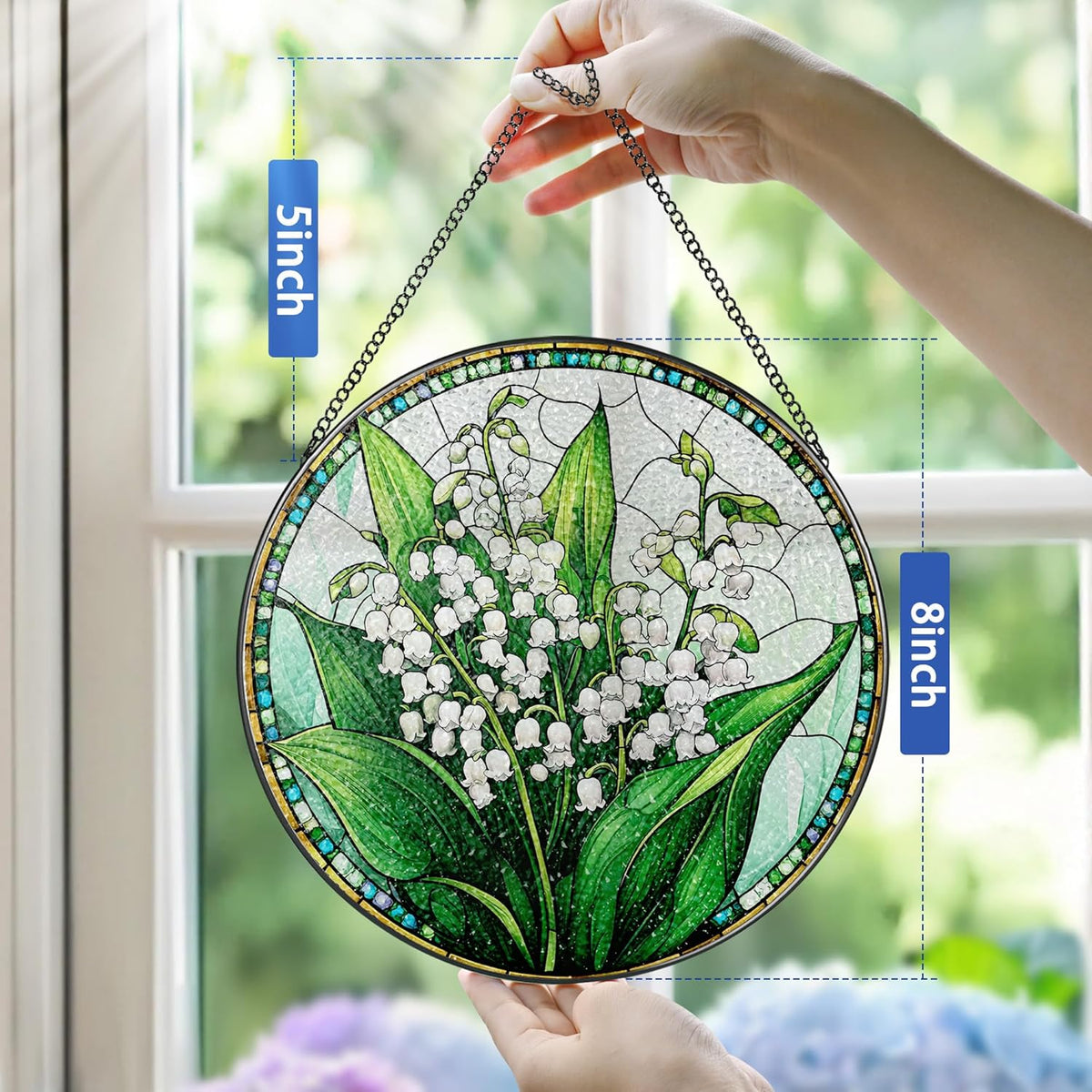 8-Inch Stained Glass Ornament, Stained Glass Window Hanging, Lily of Valley Flower Ornament, Window
