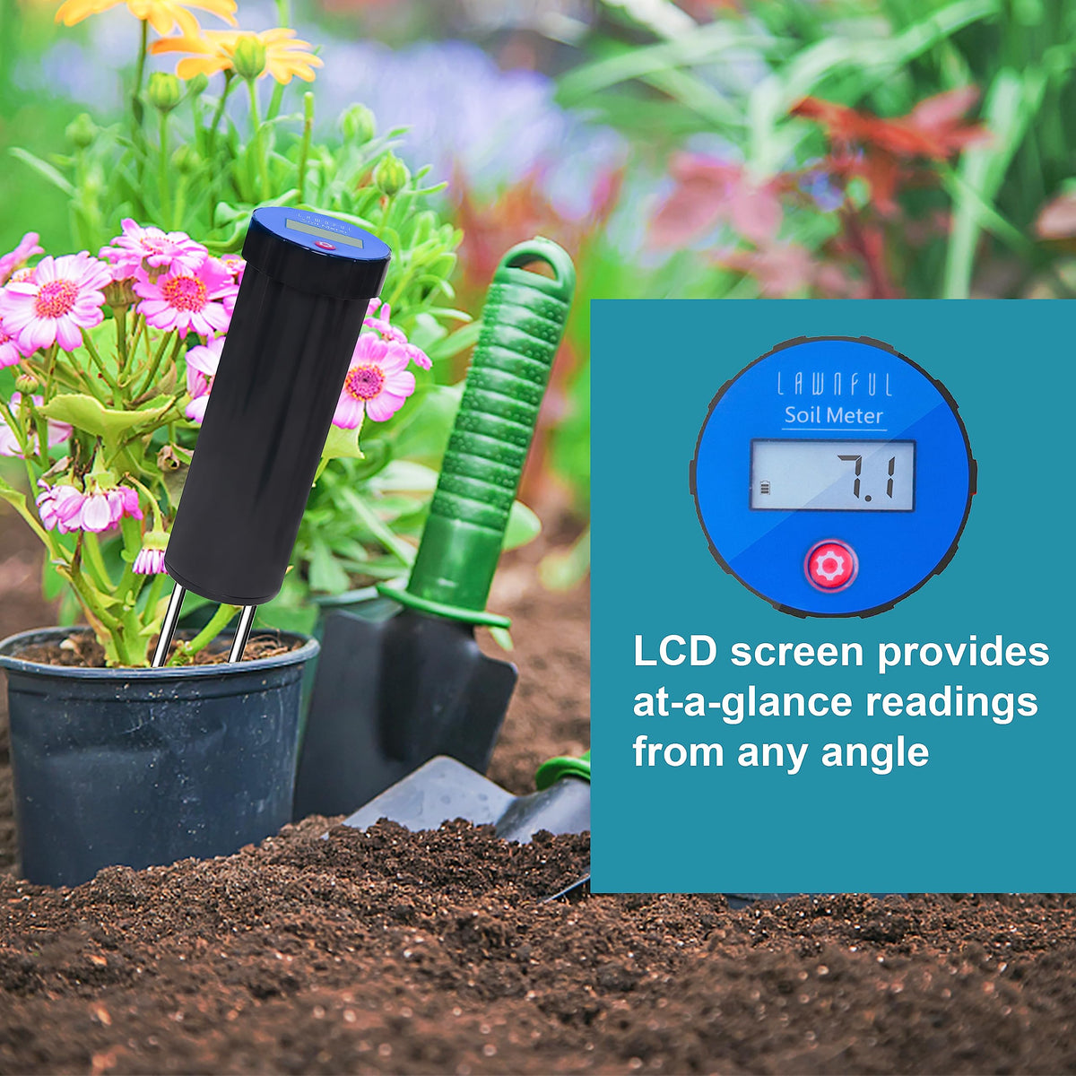 LAWNFUL Digital Soil pH Meter, Industrial Grade Soil pH Tester with Calibration-Free LCD Display