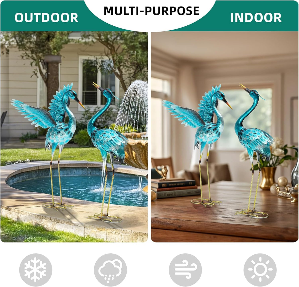 36.75" Metal Crane Garden Statue, Handcrafted Oversized Blue Heron Decor Sculptures with Stable