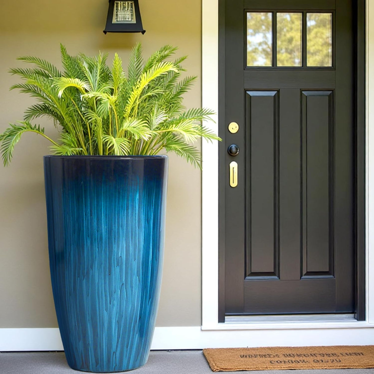 Worth Garden 23.5" Tall Plastic Planters Set of 2 with Drainage Holes, Gradient Blue Glossy Finish