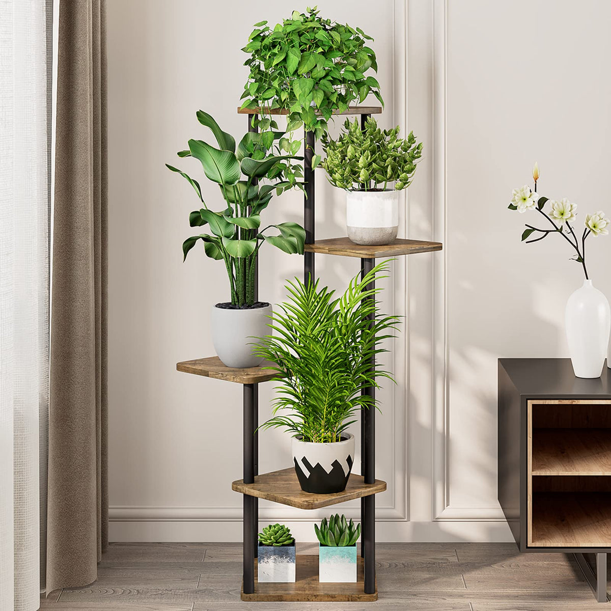 AZERPIAN 5 Tier Tall Plant Stand Indoor Corner Tiered Shelf Metal MDF Board