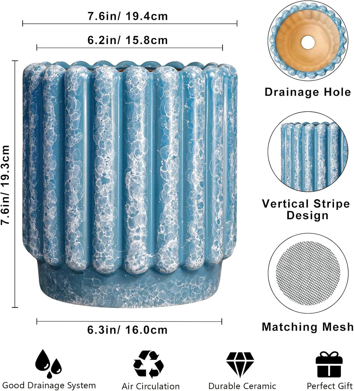 Ceramic Planter - 7.6 Inch Ceramic Plant Pots with Drainage Hole, Decorative Flower Pots for Indoor