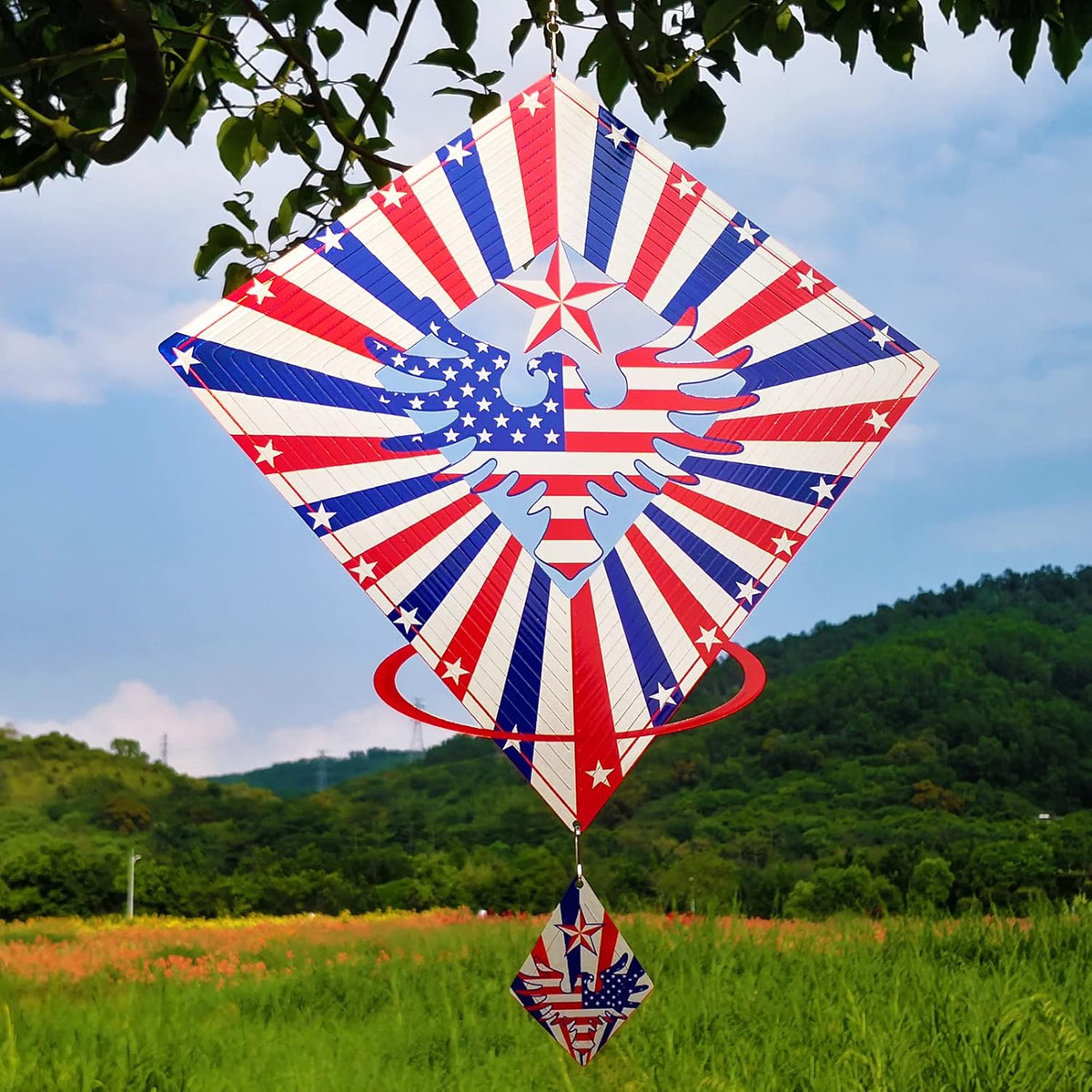 DJUAN 4th of July Decorations,13.5in Stainless Steel Eagle Flag Patriotic Wind Spinner Fourth of