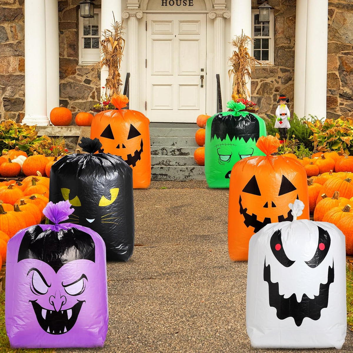 Qilery 6 Pcs Large Halloween Leaf Bags Halloween Reusable Pumpkin Lawn Trash Bags with Twist Ties