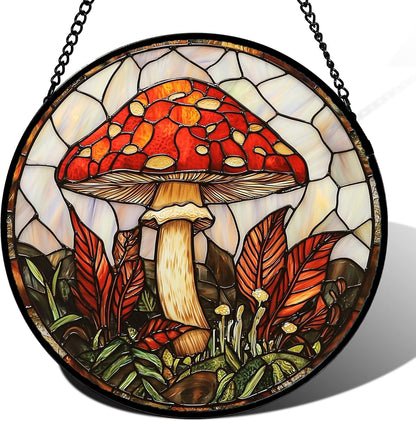 Stained Glass Window Hanging, Big Red Mushroom Suncatcher for Doors Home Sun Catchers Decoration