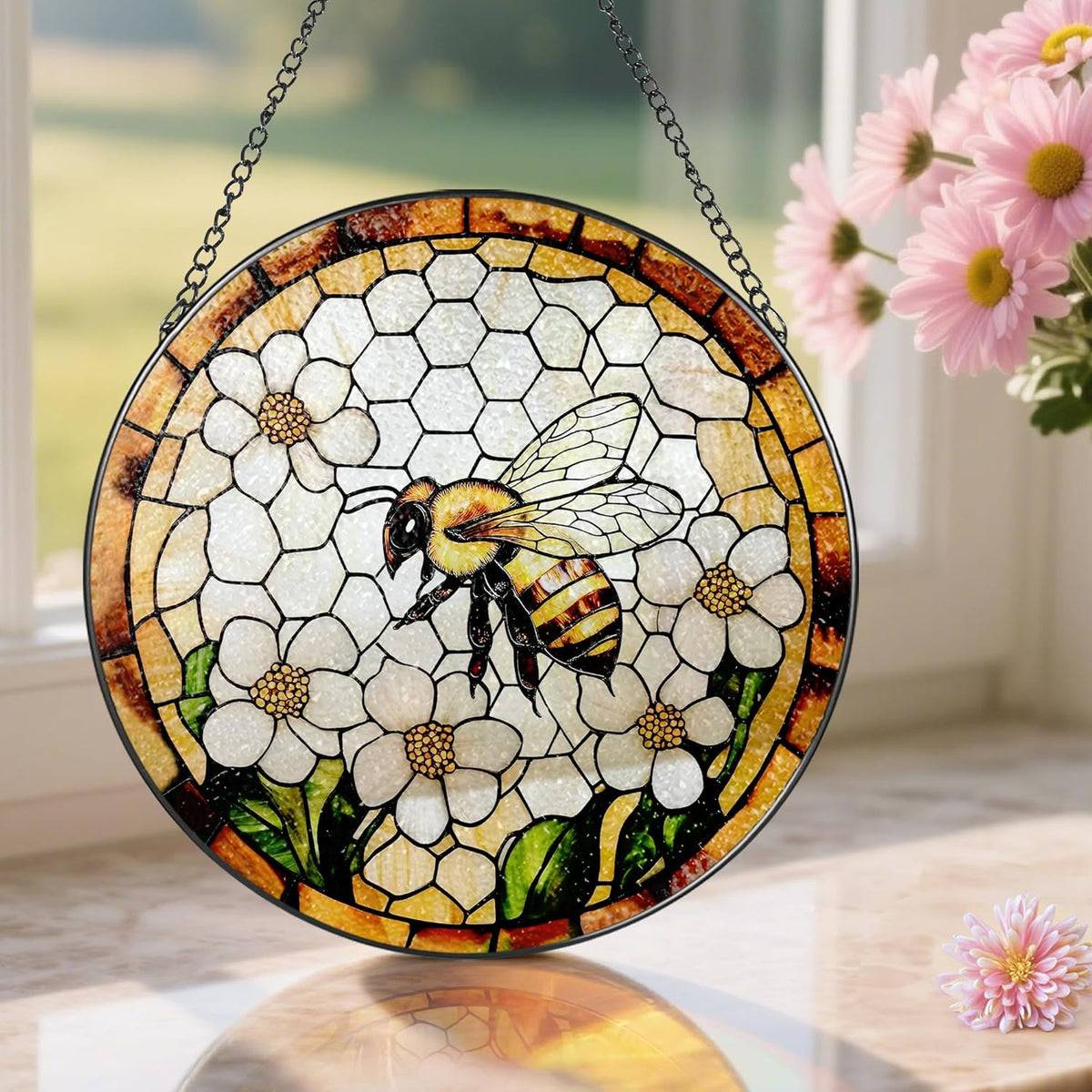 Bee Wildflowers Stained Glass Suncatcher, Stained Glass Window Hanging, 8 Inch Honey Bee