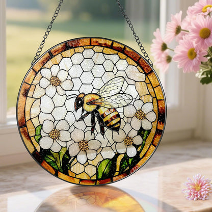 Bee Wildflowers Stained Glass Suncatcher, Stained Glass Window Hanging, 8 Inch Honey Bee