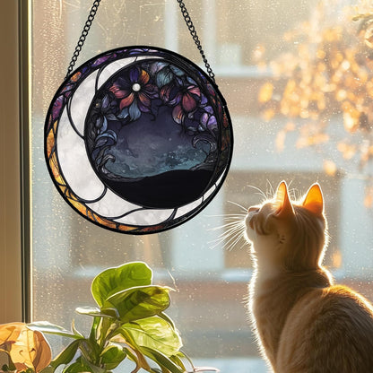 Stained Glass Window Hanging - Black and White Moon Sun Catcher for Door Terrace Garden Home Decor