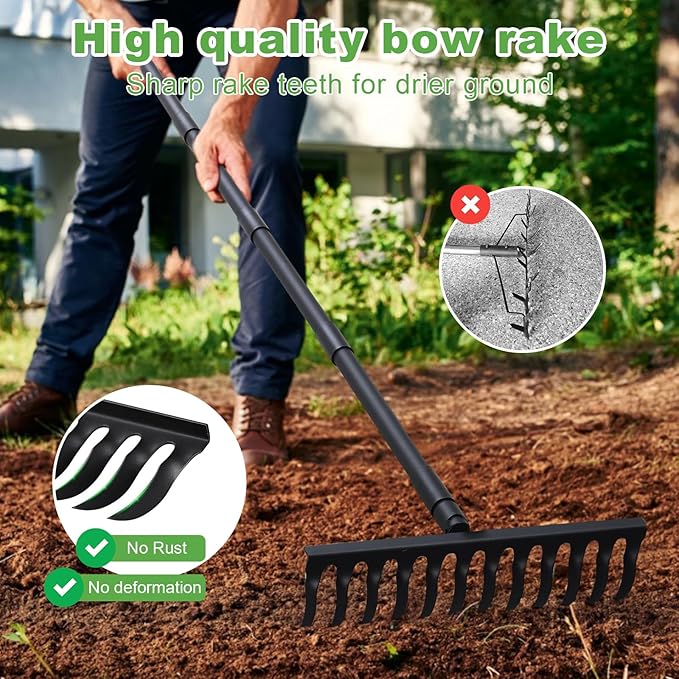 Pragmatist Bow Rake Heavy Duty 60" Metal Head Garden Rake with Adjustable Stainless Steel Handle