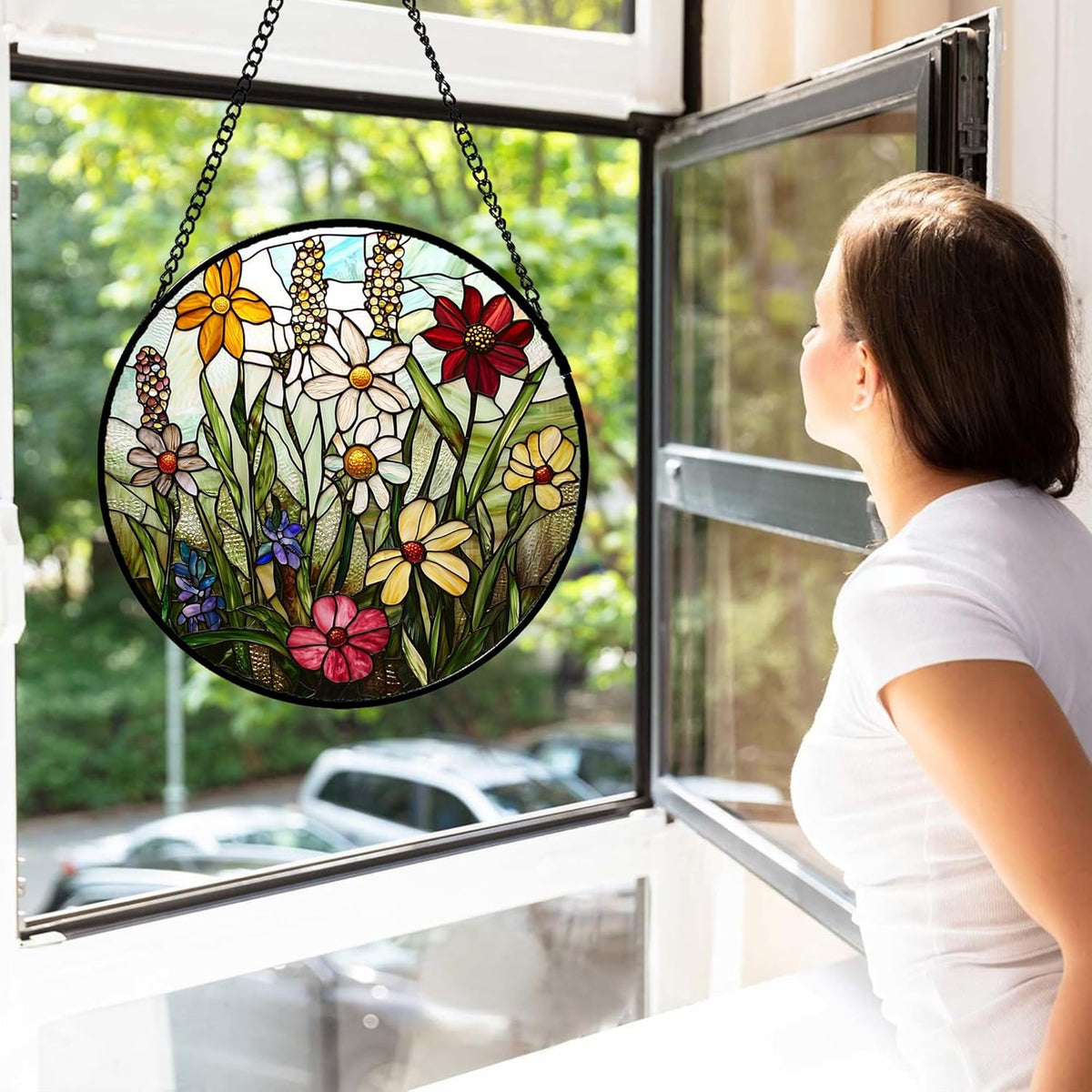 Stained Glass Window Hanging, Colorful Wildflowers Plant Scenery Suncatcher for Doors Window Home