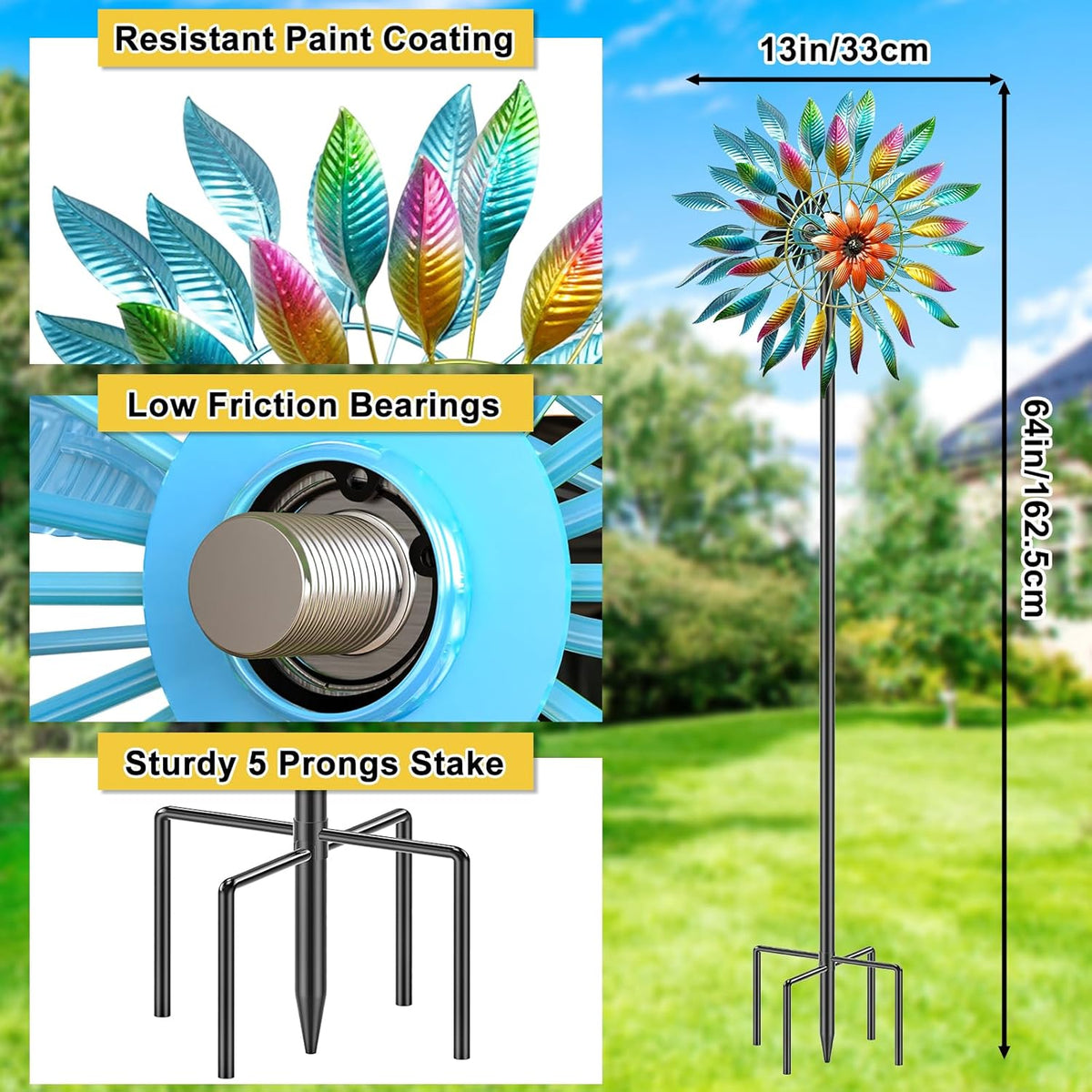 64in Wind Spinners Outdoor, Garden Wind Spinner Windmill with 5 Prong Base Stand, Metal Pinwheels