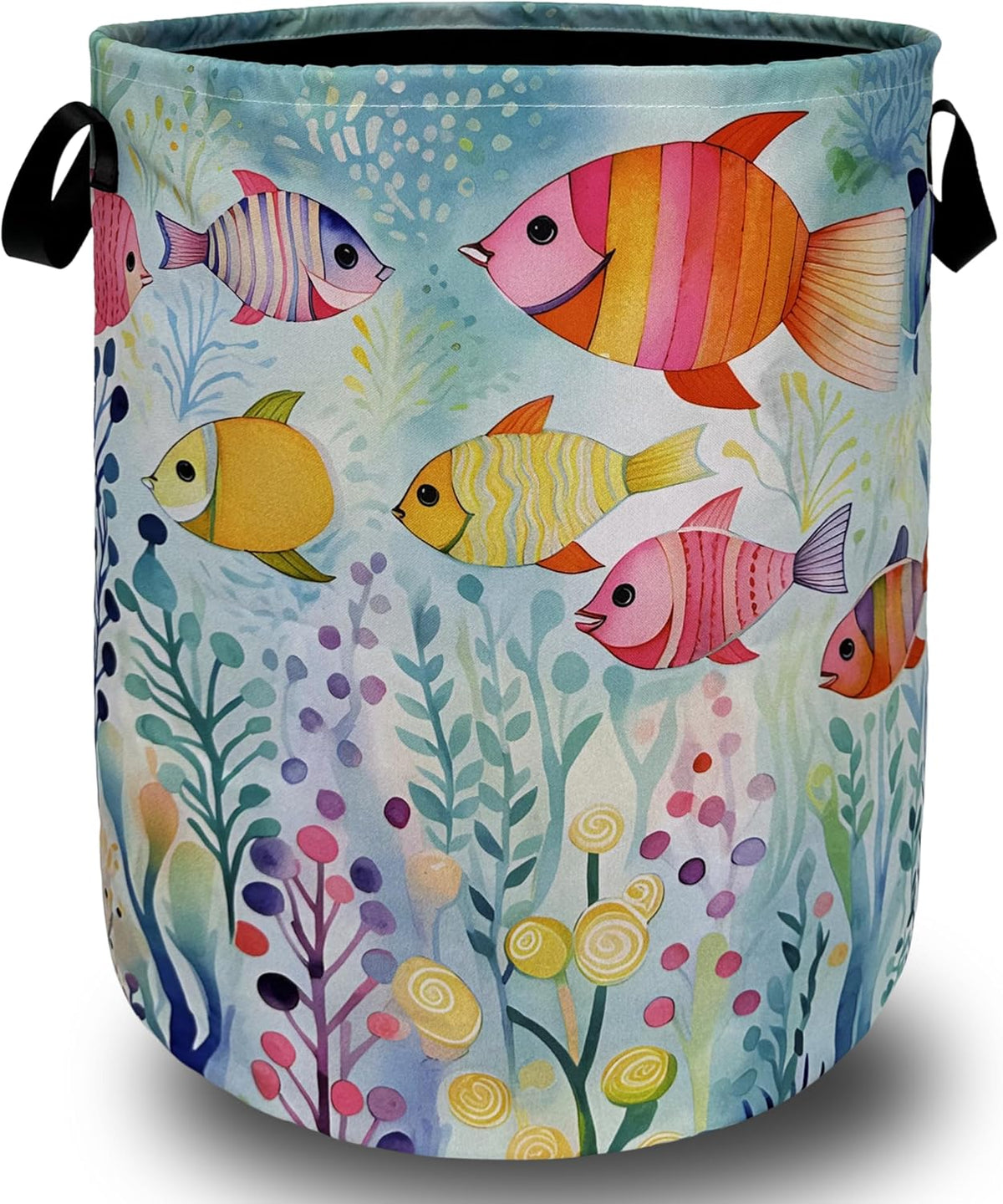 Watercolor Fish Laundry Basket Foldable With Handles Cute Fishes Tote Bag Oxford Cloth Colorful