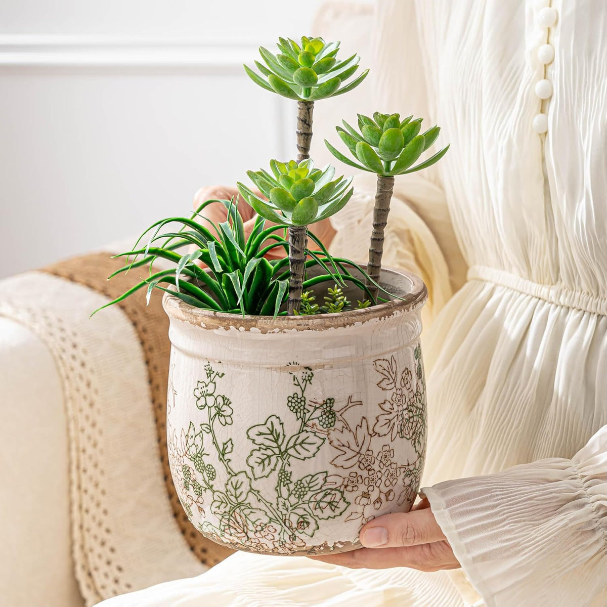 Set of 2 Ceramic Planters for Indoor Plants, 4.7+5.7 Inch Vintage Pots without Drainage Hole