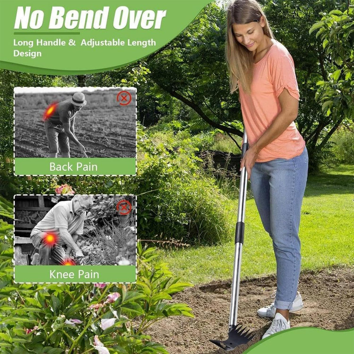 Hoe Garden Tool, 58" Weed Puller Tool with Long Handle, 2 in 1 Hand Weed Rake and Hoe Garden Weeder