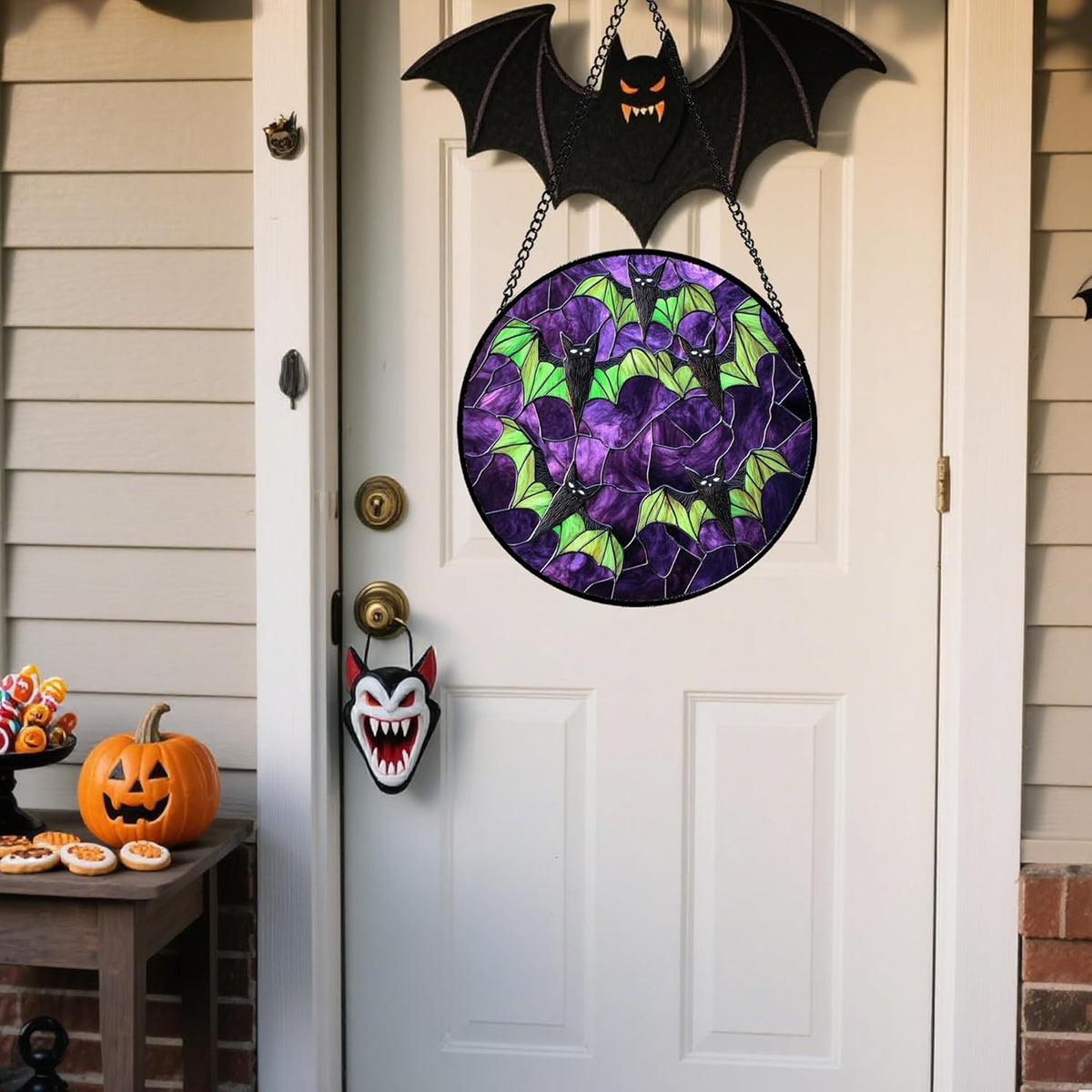 Stained Glass Window Hanging - Halloween Decorations Black Bat with Green Wings Suncatcher for