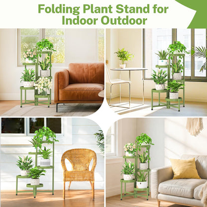 iDavosic.ly 5 Tier Folding Plant Stand Indoor Outdoor with Plastic Tray, Tiered Corner Flower