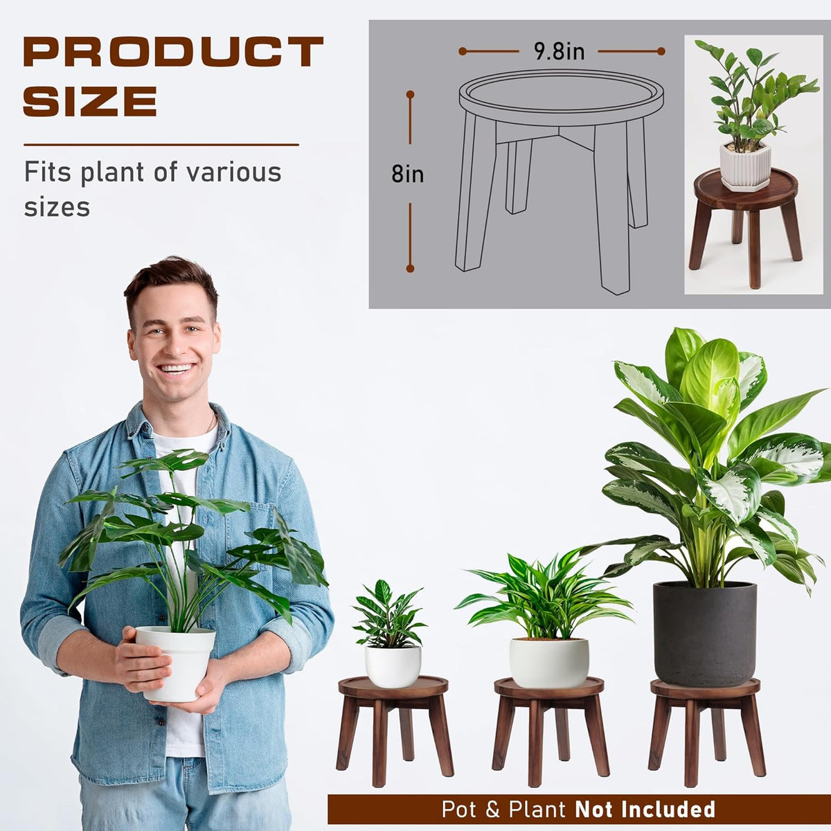 Demigo Indoor Plant Stand, Acacia Wooden Decorative Plant Shelf with Spill-Proof Tray, Stable 8”