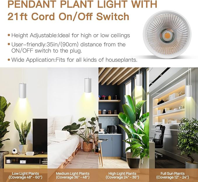 STERREN LED Grow Light, White Plug in Hanging Lights for Indoor Plants, Full Spectrum Grow Lights