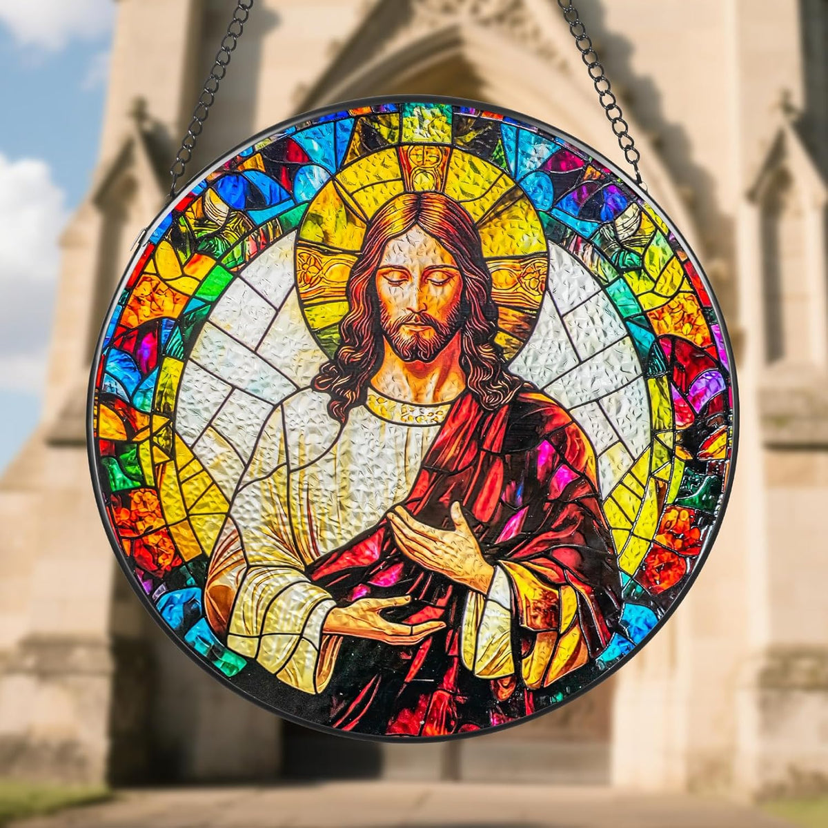 Suncatcher Stained Glass Window Hanging - Jesus Christ Glass Panel with Metal Chain and Hooks