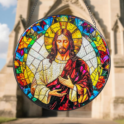 Suncatcher Stained Glass Window Hanging - Jesus Christ Glass Panel with Metal Chain and Hooks