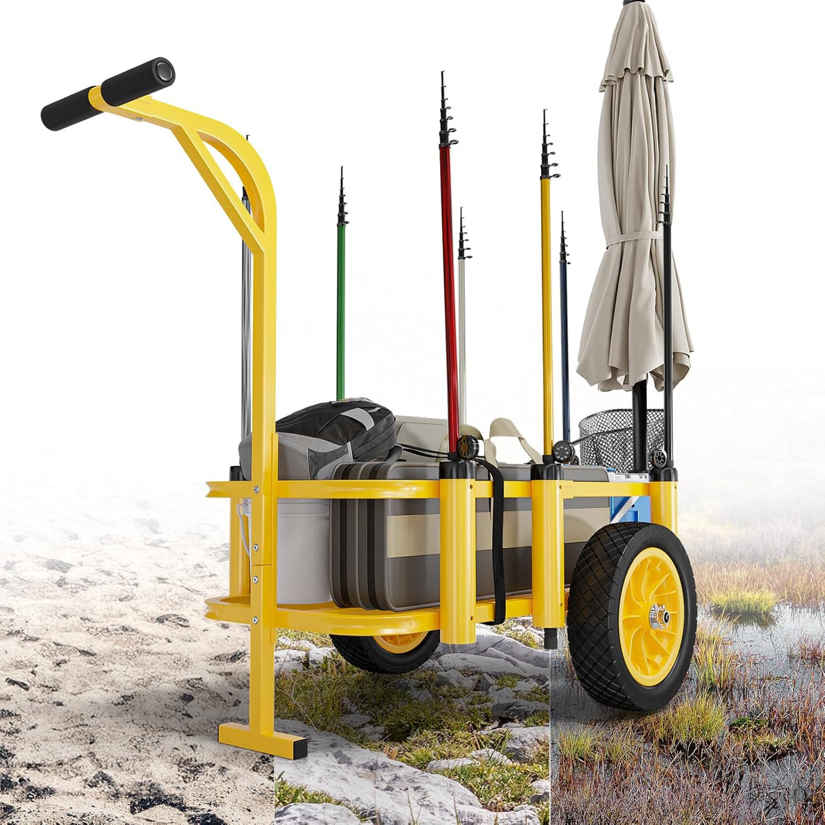 Bonnlo Beach Fishing Cart, Beach Wagon Trolley with 12" Big No-Flat Airless Tires, Foldable Beach