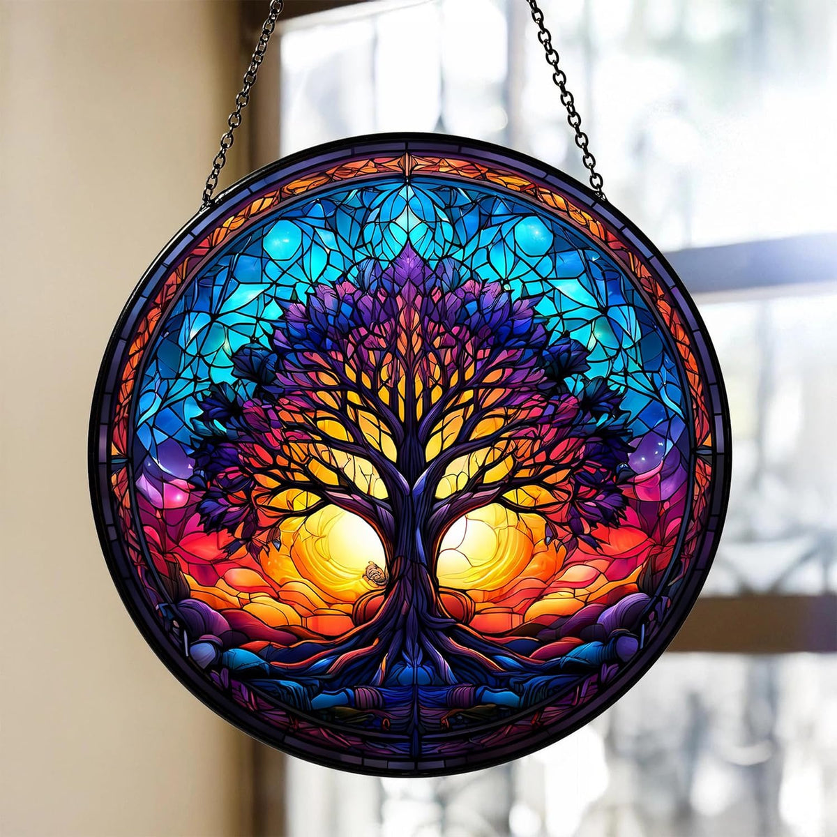 Tree of Life Suncatcher -7.9 in Stained Glass Window Hanging Catcher Garden Decor