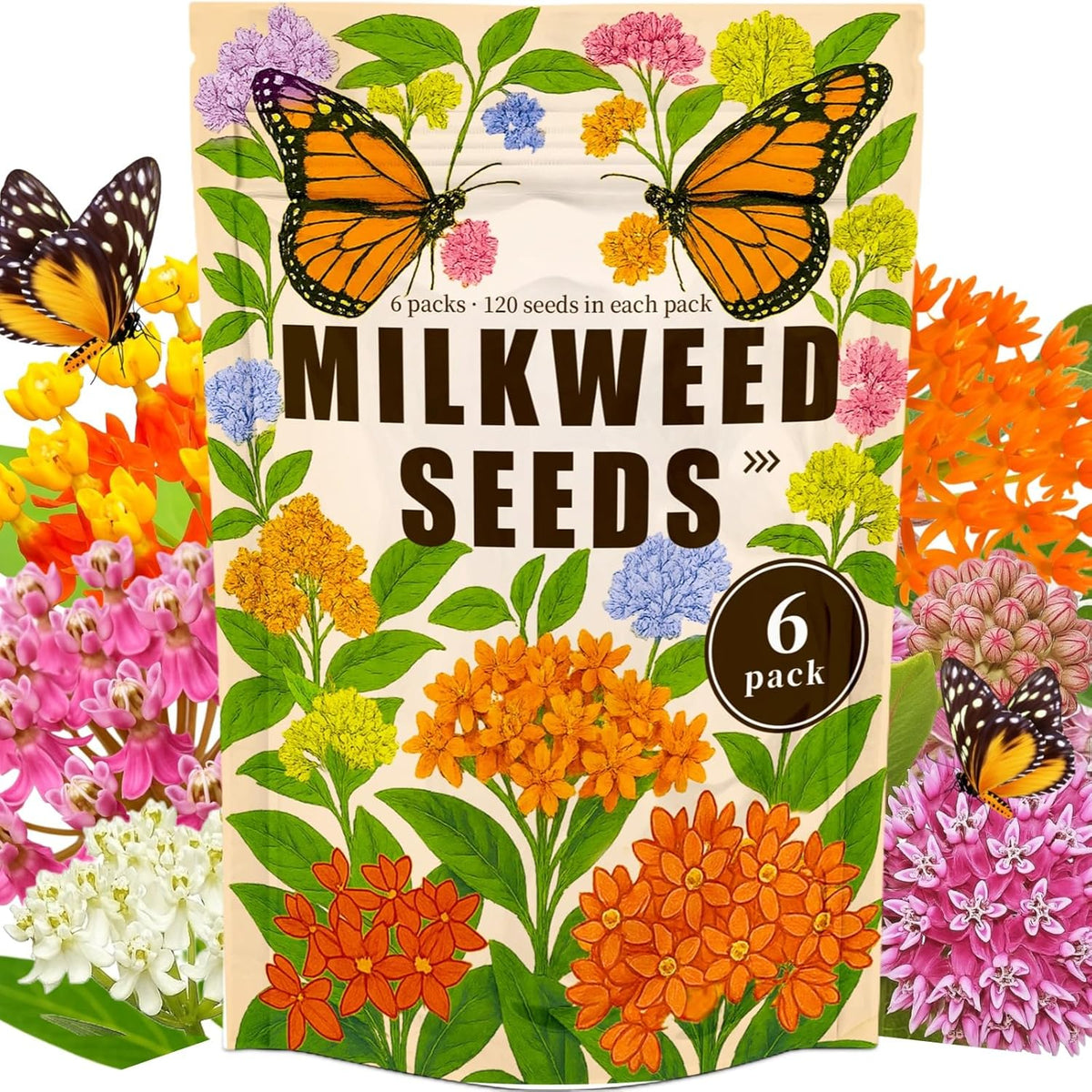 Mix Milkweed Seeds for Monarch Butterflies - 6 Individual Varieties Perennial Wildflower (120 Seeds