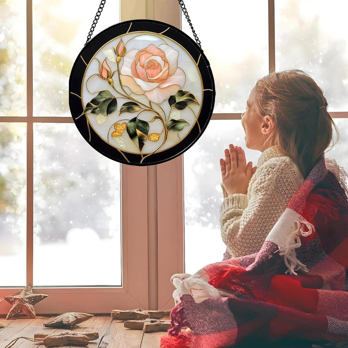 Stained Glass Window Hanging - Black White Pink Rose Sun Catcher for Door Home Decor Flower