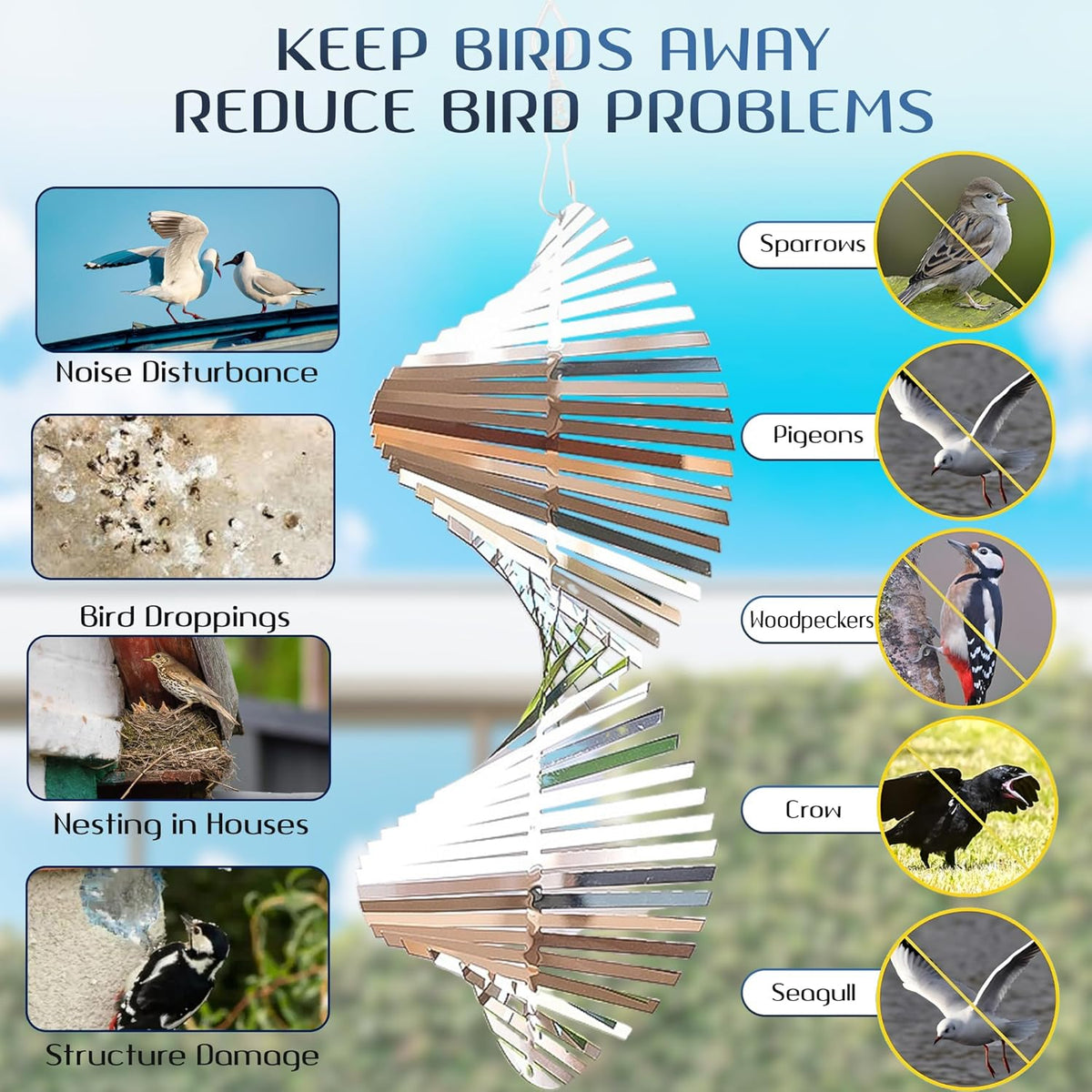 Reflective Bird Deterrents for Outside – Bird Repellent Devices Outdoor – 3D Wind Spinners Outdoor