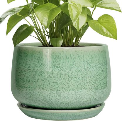 G EPGardening Ceramic Planter - 9 Inch Plant Pot with Drainage Hole and Saucer, Modern Round
