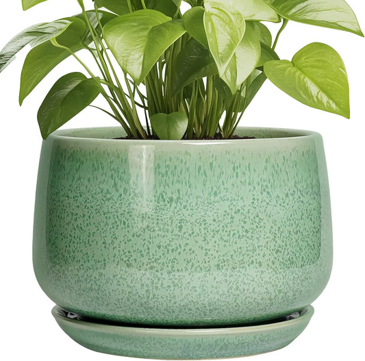 G EPGardening Ceramic Planter - 9 Inch Plant Pot with Drainage Hole and Saucer, Modern Round