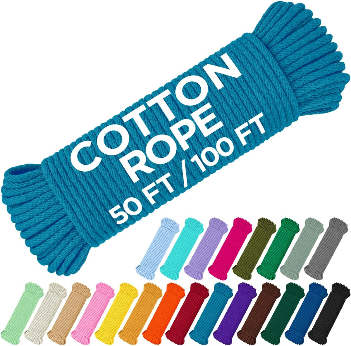 TECEUM Cotton Rope 3/16” (5 mm) – 100 FT – Strong All-Purpose Braided Rope – Natural Cotton – for