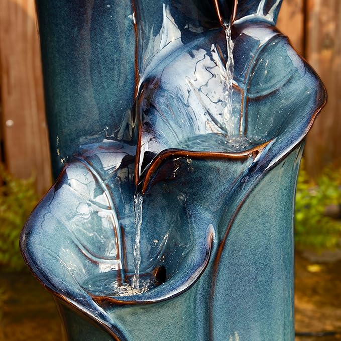 Glitzhome 31.25" H Outdoor Water Fountain with LED Lights and Pump, 4 Tier Turquoise Lotus Leaf