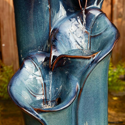 Glitzhome 31.25" H Outdoor Water Fountain with LED Lights and Pump, 4 Tier Turquoise Lotus Leaf