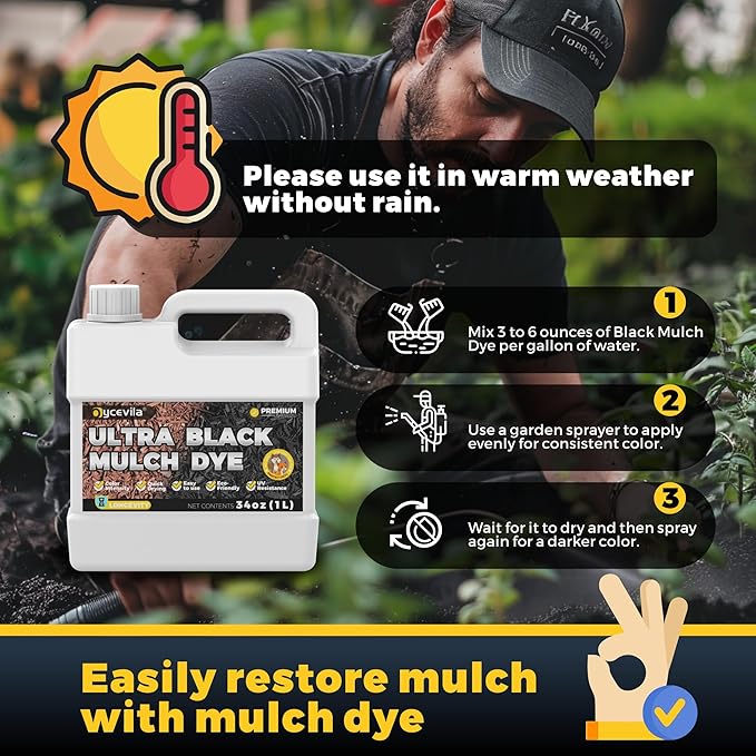32oz Concentrated Ultra Black Mulch Dye with Gloves, Liquid Rubber Dye Spray Covers up to 3,600 Sq.