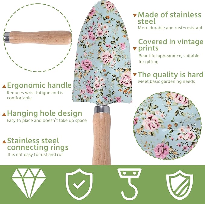 WNJ Gardening Tool Set, 10 PCS Heavy Duty Floral Pattern Garden Tools Set Kit, Complete Gardening