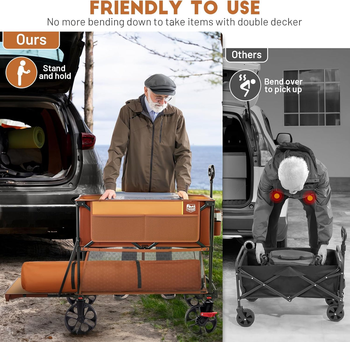 TIMBER RIDGE 400L Large Capacity Folding Double Decker Wagon with Brakes, 54" Extra Long Extender