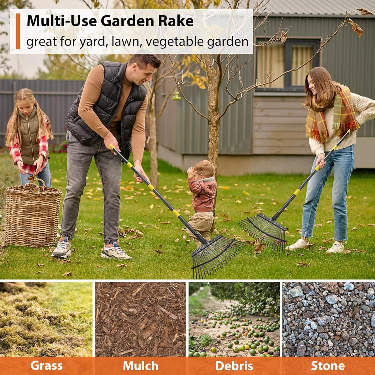Rake, Gardening Rakes for Leaves Lawns Heavy Duty, 79 in Leaf Rake with 25 Clog-Free Tines, 18.5”