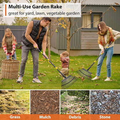 Rake, Gardening Rakes for Leaves Lawns Heavy Duty, 79 in Leaf Rake with 25 Clog-Free Tines, 18.5”