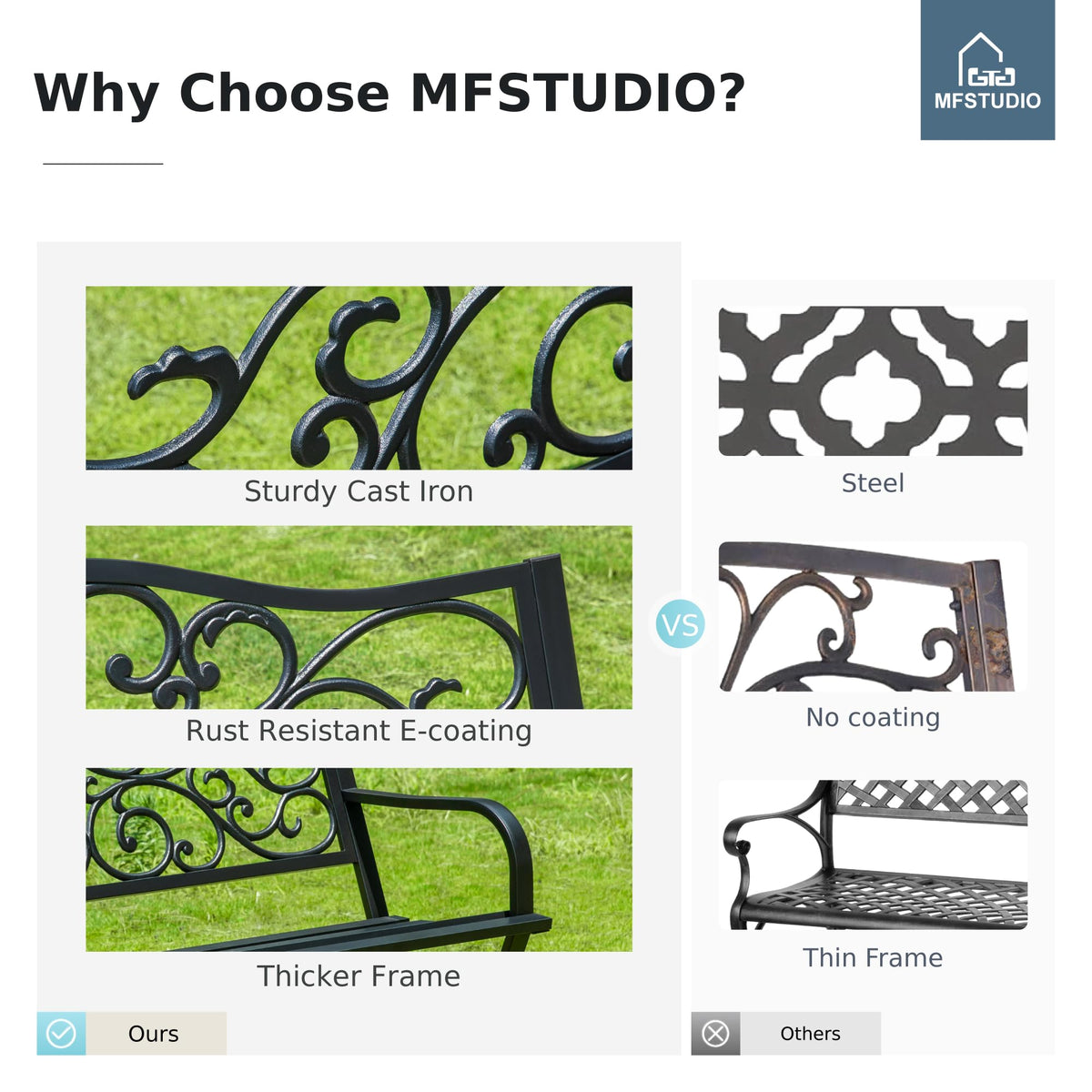 MFSTUDIO 50 Inches Outdoor Garden Bench Cast Iron Metal Frame, Floral Black