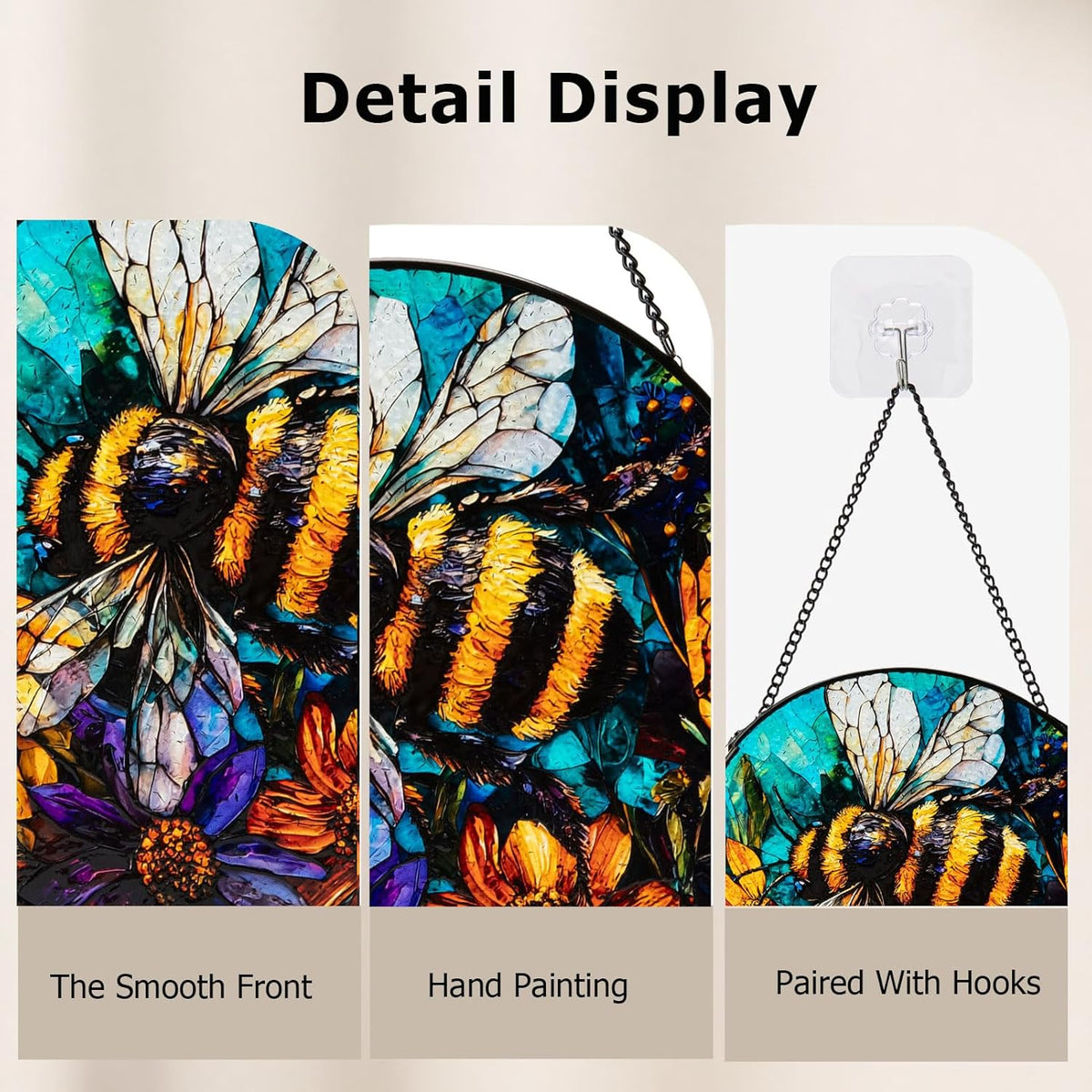 Stained Glass Window Hanging, Bee Yellow Flower Suncatcher for Doors Home Sun Catchers Decoration