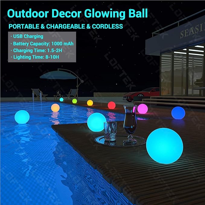 LOFTEK LED Pool Lights That Float - 8-inch Globe Lamp Rechargeable - 16 RGB Lamp with Handle &