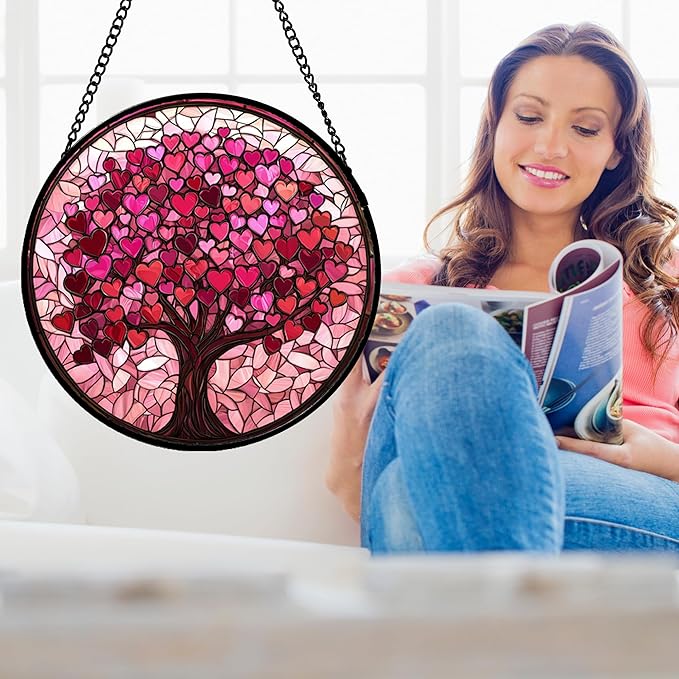 Stained Glass Window Hanging, Pink Love Tree of Life Sun Catchers Colorful Glass Panel Suncatcher