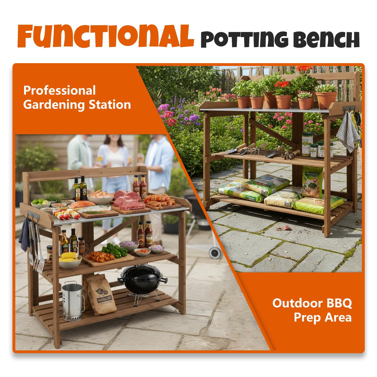 Outdoor Potting Bench Table, Indoor Wooden Work Station with Metal Table Top, Metal Hooks, Large