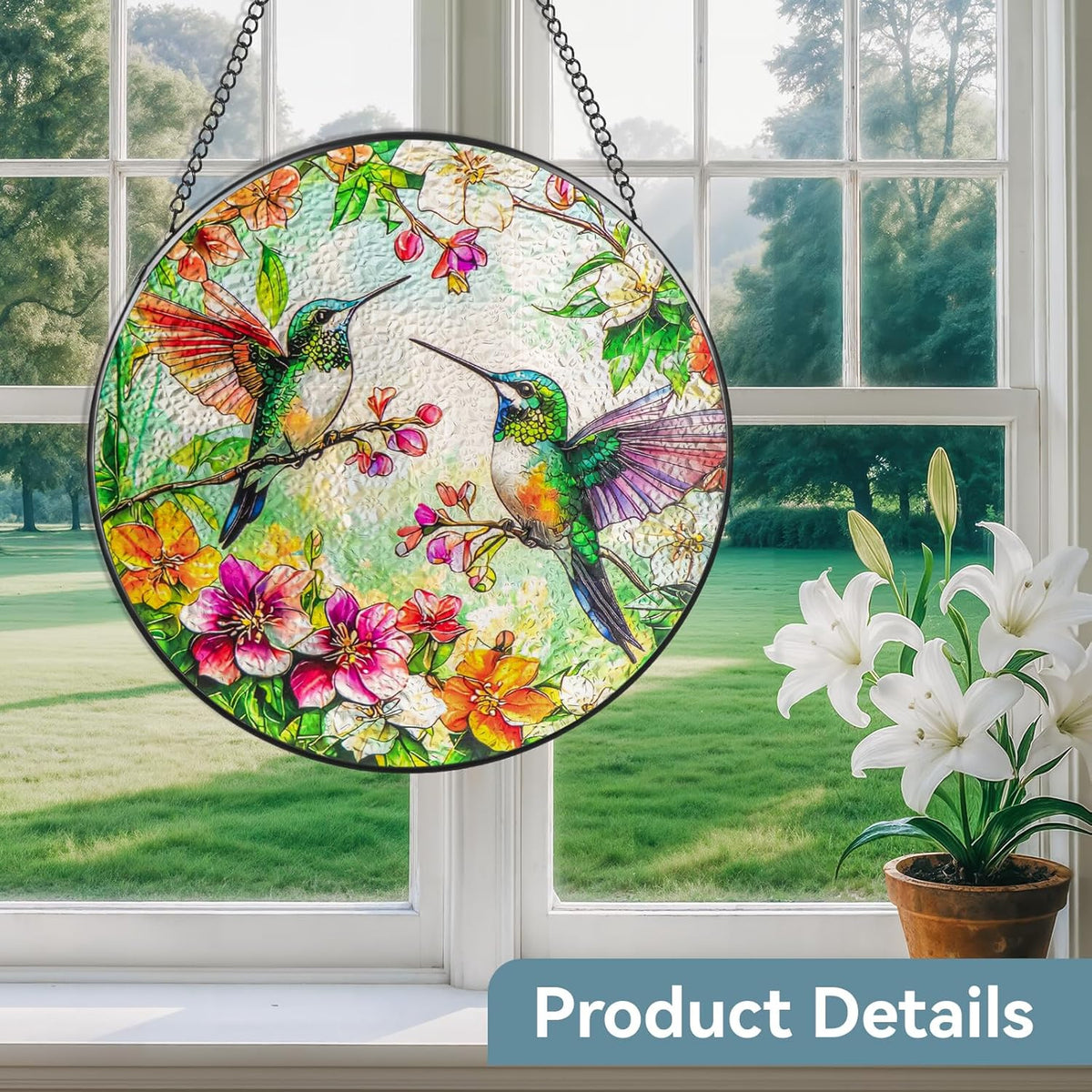 Suncatcher Stained Glass Window Hanging - Hummingbird Glass Panel with Metal Chain and Hooks
