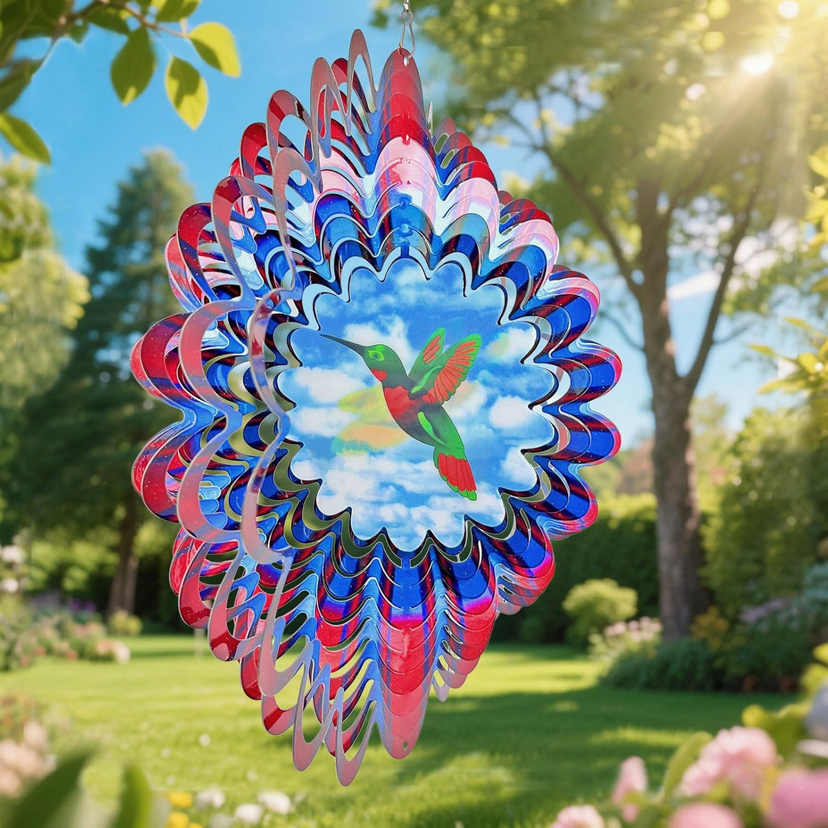 Hummingbird Animated Wind Spinner - 12In 3D Kinetic Hanging Sculpture, Creates Flying Hummingbird